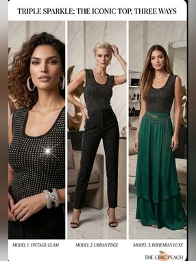 💎Caché Vintage Rhinestone Studded Scoop Neck Top